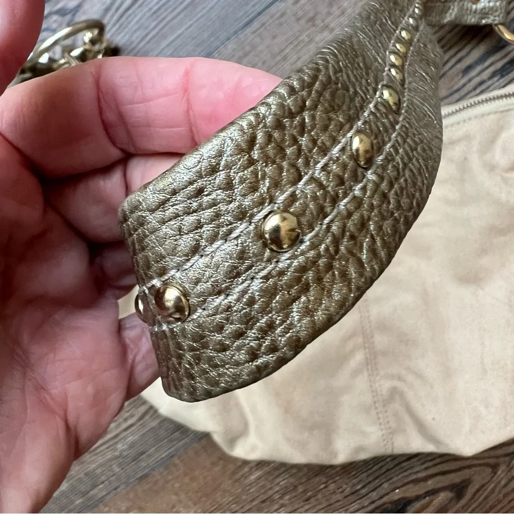 Vintage Hobo Sling Microsuede tan bag handbag bag charms flare studs embellished